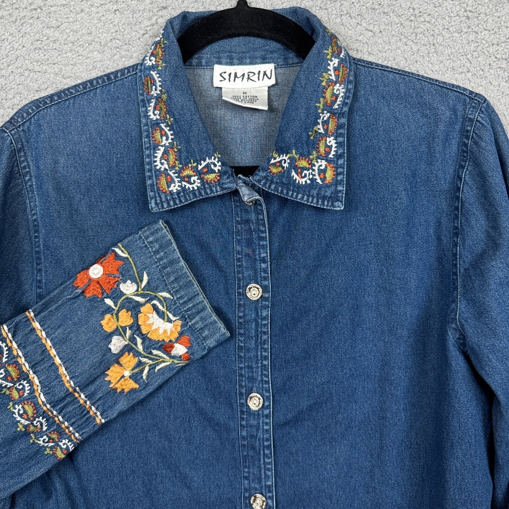 VTG Simrin Top Womens M Blue Denim Embroidered Floral Boho Cowgirl Ranch Prairie - Picture 1 of 11